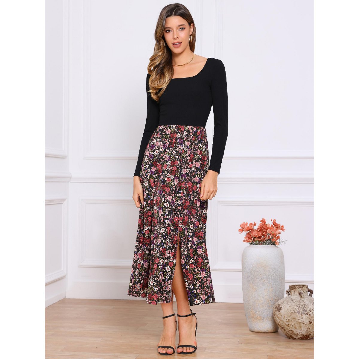 Женские платья INSPIRE CHIC Women's Maxi Swing Hem Square Neck Vintage Patchwork Party Dress Large Black Red — фото 4