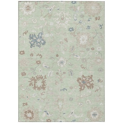 Artichoke Green Ivory And Brown Floral Washable Indoor Outdoor Area Rug