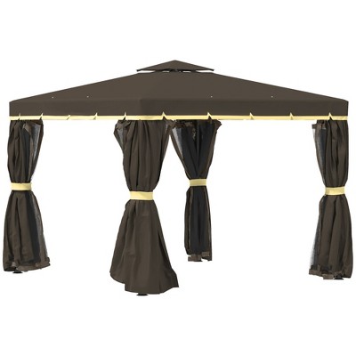 Outsunny 10' x 10' Patio Gazebo Outdoor Canopy Shelter with Double Tier Roof, Netting and Curtains for Garden, Lawn, Backyard and Deck