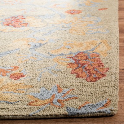 Handmade Beige and Blue Floral Wool Runner Rug