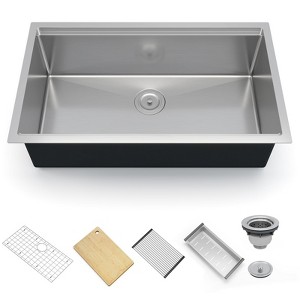 Kitchen Sink Undermount Stainless Steel 304 Single Bowl with Workstation Ledge, Handcrafted Brushed Sink Kit - 1 of 4