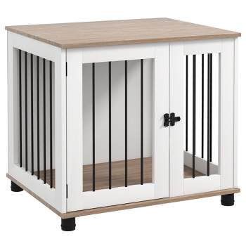 PawHut Dog Crate Furniture, Indoor Side Table Dog Kennel Furniture, End Table with Lockable Door for Small and Medium Dogs, Walnut Brown