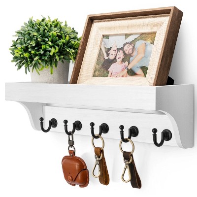 LunaLulinlk Key and Mail Holder Wall Mount - Wooden Hanging Organizer with 5 Sturdy Keys Hooks and Shelf (White, 14-inch)