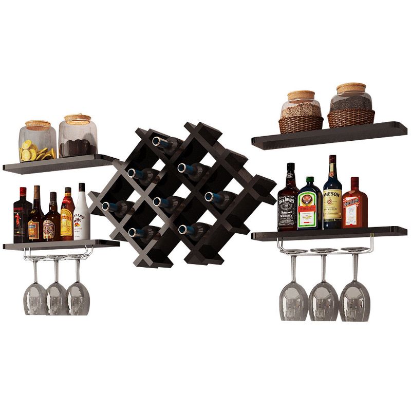 Tangkula Set of 5 Wall Mount Wine Rack Set Storage Shelves and Glass Holder Black, 3 of 11