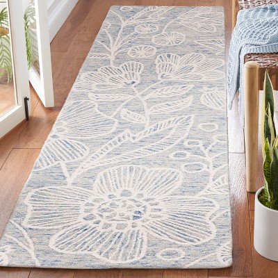 Hand-Tufted Jardin Floral Blue/Ivory Wool Runner Rug, 27"x7"