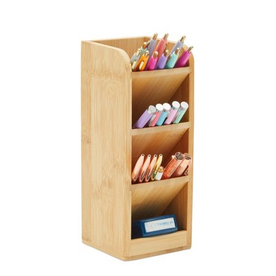 Okuna Outpost Bamboo Pen and Pencil Holder, 4 Slots Desk Organizer for Office (3.5 x 3.6 x 9 in)