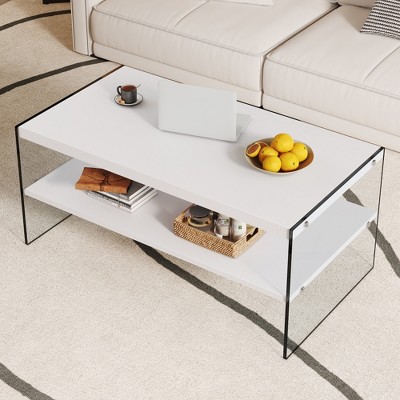Syemin Side Table Modern Double Layer Coffee Table for Living Room Terrace Bedroom, White, 43.3"*23.6"*17.7"