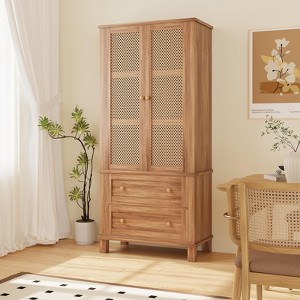 Kitchen Pantry Storage Cabinet with 2 Rattan Doors and 2 Adjustable Shelves, 64" Tall Farmhouse Food Pantries Cabinet - 1 of 4