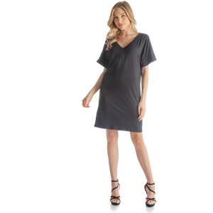 24seven Comfort Apparel Solid Color Loose Fit V Neck T Shirt Style Womens Knee Length Dress - 1 of 4