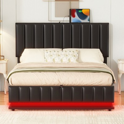 Modern Platform Bed with Sockets and USB Ports, Upholstered Bed with Hydraulic Storage System and LED Light - ModernLuxe
