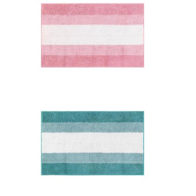 Unique Bargains Chenille Fluffy Striped Extra Soft Absorbent With Non-Slip Backing Bath Floor Mats 2 Pcs