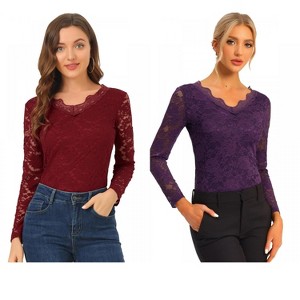 INSPIRE CHIC Women's Floral Embroidery Sheer Long Sleeves Lace Blouse 2 Packs - 1 of 4