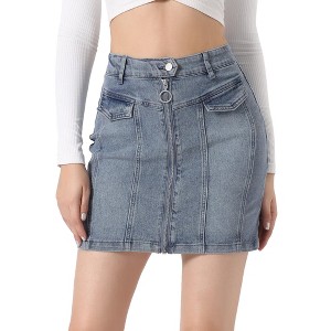 Allegra K Women's Zip Front Slim Fit High Waist Mini Denim Skirts - 1 of 4