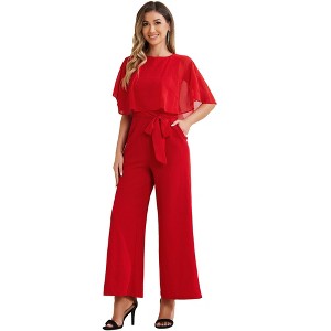 INSPIRE CHIC Women's Casual Dressy Cape Ruffle Sleeve Tie Waist Wide Leg Jumpsuits - 1 of 4