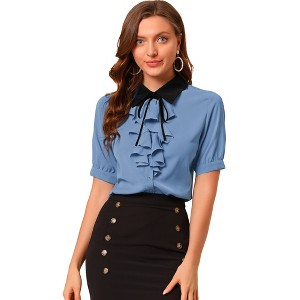 Allegra K Women's Contrast Collar Tie Ruffle Front Button Short Sleeve Work Shirt - 1 of 4
