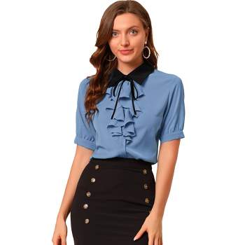 Allegra K Women's Contrast Collar Tie Ruffle Front Button Short Sleeve Work Shirt