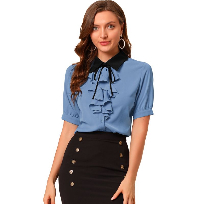 Allegra K Women's Contrast Collar Tie Ruffle Front Button Short Sleeve Work Shirt, 1 of 7