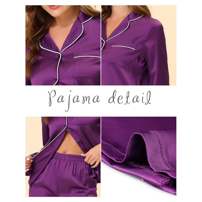 cheibear Women's Satin Button Down Lounge Tops and Pants Pajama Set, 5 of 7
