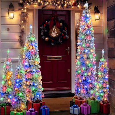 Whisen 8FT, 6FT, 4FT x 3 Pre-Lit Pencil Christmas Trees with Snow Flocking, 1820 Branch Tips, 350 LED Lights, 11 Lighting Modes