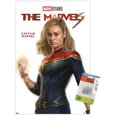 Trends International Marvel The Marvels - Captain Marvel Feature Series  Unframed Wall Poster Print Clear Push Pins Bundle 14.725 x 22.375