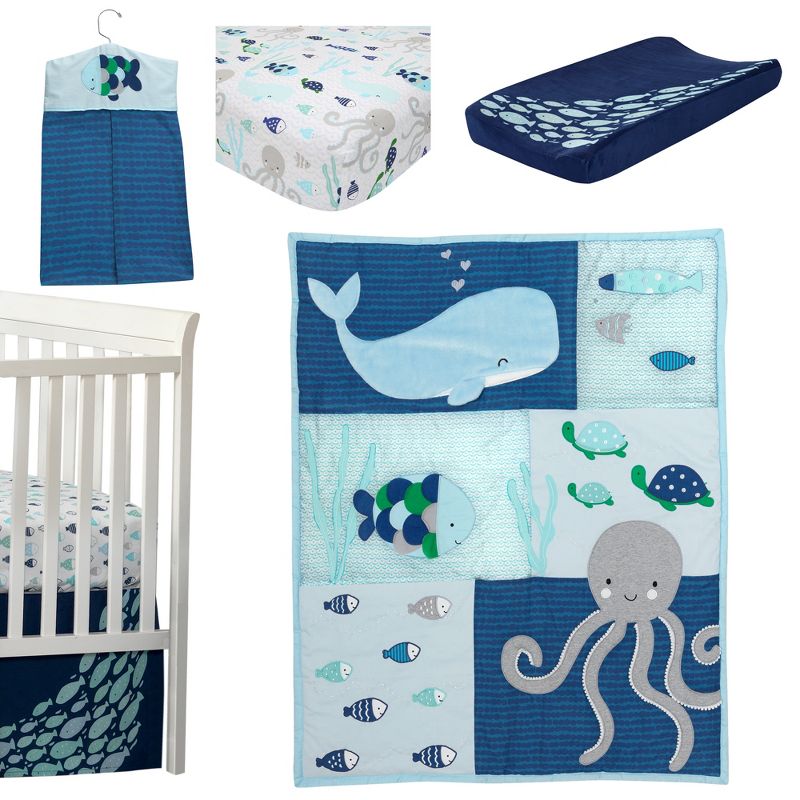 Lambs & Ivy Oceania 6-Piece Baby Crib Bedding Set - Blue Ocean, Nautical, Aquatic, Whale, Octopus Theme, 1 of 12