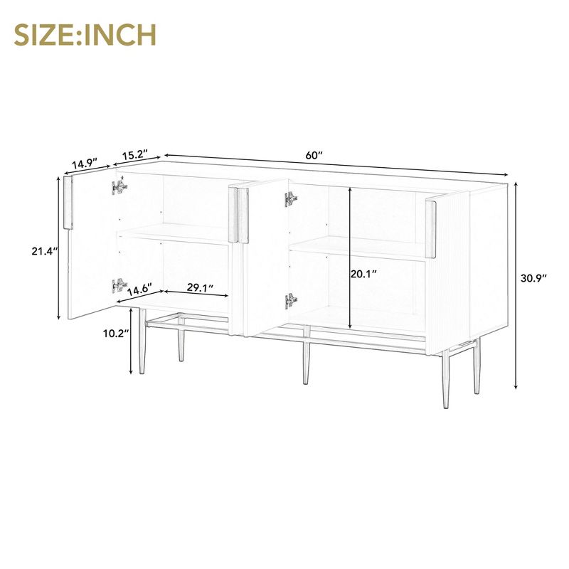 60" Modern Elegant 4-Door Sideboard, Buffet Cabinet With Gold Metal Handle, Gray - ModernLuxe, 3 of 13