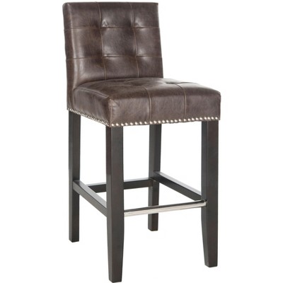 Antique Brown Leather and Wood Counter Stool