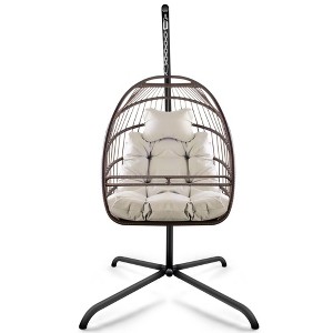 NAYSAYE Patio Swing Wicker Egg Chair with Stand Cushion Cup Holder and Foldable Frame for Backyard and Garden Use, Beige and Brown, 38"*78"*50" - 1 of 4