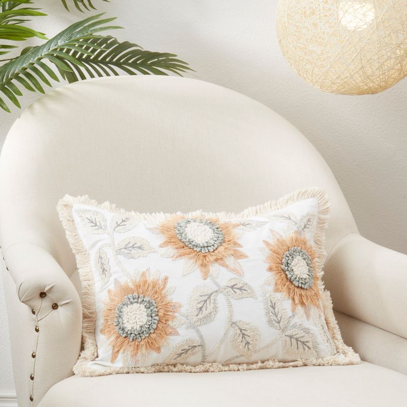 Saro Lifestyle Sunny Bloom Embroidered Sunflower Poly Filled Throw Pillow, Off-White, 14"x20", 3 of 4