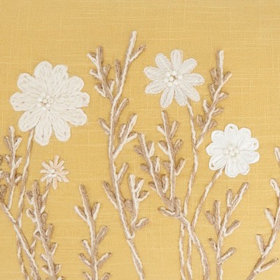 Yellow Cotton Embroidered Floral Pillow Cover, 14"x20"