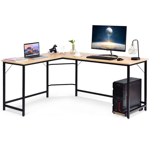 L-Shaped Computer Desk, Industrial Office Corner Desk, 58 Writing Study  Table, Wood Tabletop Home Gaming Desk with Metal Frame, Large 2 Person  Table
