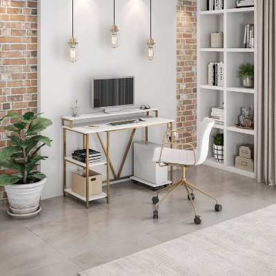 Modern Industrial Gold and Wood Writing Desk with Elevated Shelves