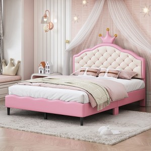 NicBex Twin/Full Size Upholstered Bed Frame with Tufted Headboard,Princess Bed with Crown Headboard for Girls,No Box Spring Needed,White+Pink - 1 of 4