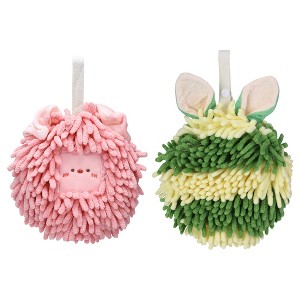 REGALWOVEN Rabbit Shape Quick Drying Soft Absorbent Decorative Chenille Fuzzy Ball Hand Towels with Hanging Loops 7" x 7" 2 Pcs - 1 of 4