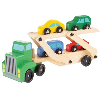 Wooden Truck Toy- 2 Level Loader Transporter Semi with 4 Colorful Cars-Fun Classic Pretend Play Lift Trailer Set for Boys and Girls by Toy Time