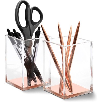 Juvale 2 Pack Clear Acrylic Pen Holder, Rose Gold Pencil Holder Cup for Desk & Office Organization