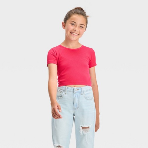 Girls' Short Sleeve Seamless Cropped T-shirt - Art Class™ Berry Red L :  Target