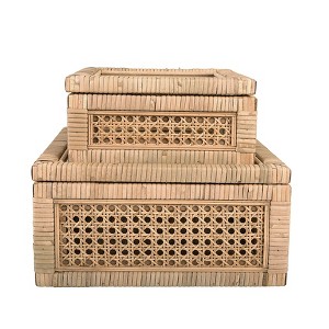 Storied Home Woven Wood and Rattan Display Boxes with Glass Lids, Set of 2 - 1 of 4