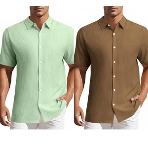 INSPIRE CHIC Men's Summer Point Collar Short Sleeves Button Down Linen Shirts 2 Packs - 1 of 4