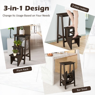 Brown Rubber Wood Foldable 3-Tier Step Stool and Storage Shelf