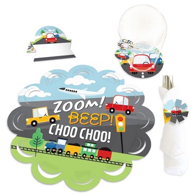 Big Dot of Happiness Cars, Trains, and Airplanes Transportation Birthday Party Paper Charger and Table Decorations Chargerific Kit Place Setting for 8