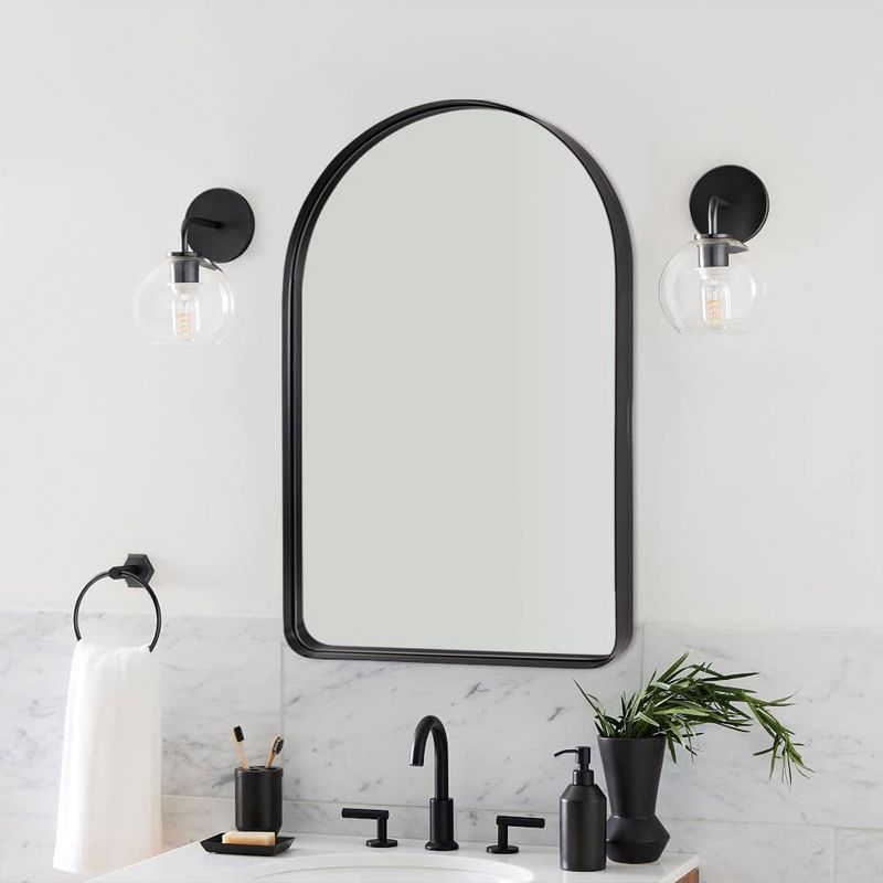 ANDY STAR Modern 20 x 30 Inch Arched Frame Wall Mounted Vanity Mirror w/ Steel Frame, No Distortion Floating Glass, & Pre Installed Hooks, Matte Black, 3 of 7