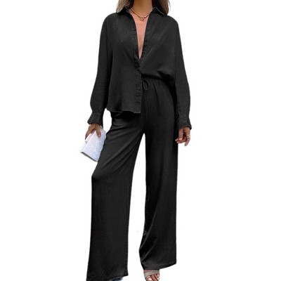 WhizMax Women's Casual 2 Piece Outfits Wide Leg Pants Sets Long Sleeve Button Down Shirt lounge sets Leisure Wear