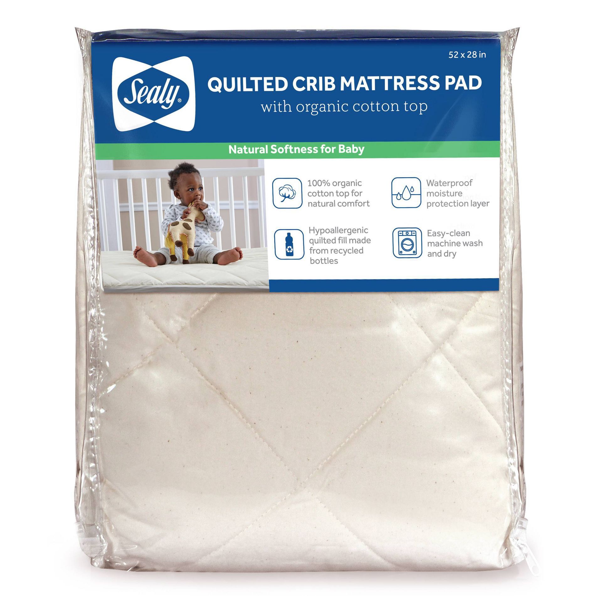 Sealy Quilted Crib Mattress Pad with Organic Cotton Top: Waterproof, Standard Crib/Toddler Size, Woven Textile