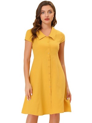 Allegra K Women's Short Sleeve Cotton Work Collar Midi Button Down A Line Dresses