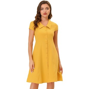 Allegra K Women's Short Sleeve Cotton Work Collar Midi Button Down A Line Dresses - 1 of 4