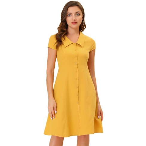 Allegra K Women s Short Sleeve Cotton Work Collar Midi Button Down A Line Dresses Yellow Medium