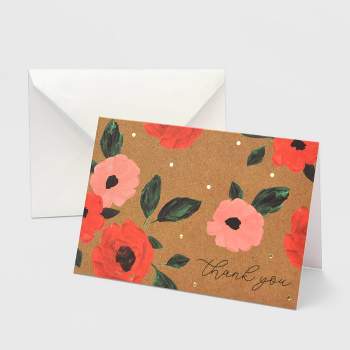 50ct Kraft Thank You Peony Cards Pink/Red