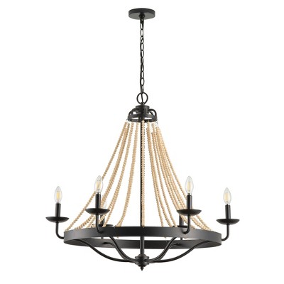 Farmhouse Wood Beaded Chandelier 6-Light Black Iron Pendant Light Fixture for Dining Room