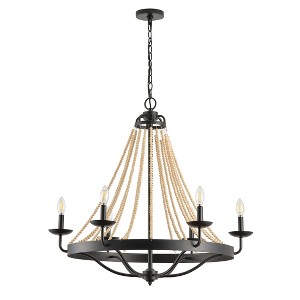 Farmhouse Wood Beaded Chandelier 6-Light Black Iron Pendant Light Fixture for Dining Room - 1 of 4